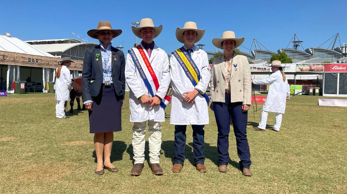 RAS councillor Ellen Downes, Canowindra, with the champion RAS of NSW Youth Show young judge, Jacob Merrick, Singleton, reserve Angus Johnson, Dubbo, and judge, Hannah Powe, Cargo.